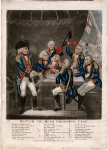 Hand colored mezzotint caricature titled "British soldiers drowning care," 1794. (Anne S. K. Brown Military Collection)