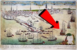 Paul Revere's 1770 print of British troops landing in Boston in 1768. Arrow points to the Romney. (Boston Public Library)