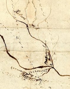 Map of Spartanburg area circa 1785 showing the confluence of Kelsey and Fairforest creeks where the 1780 Battle of Kelsey Creek was fought. (Spartanburg County Historical Association)