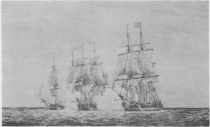 Continental frigates Hancock and Boston capturing British frigate Fox, June 7, 1777 (U.S. Naval History and Heritage Command)
