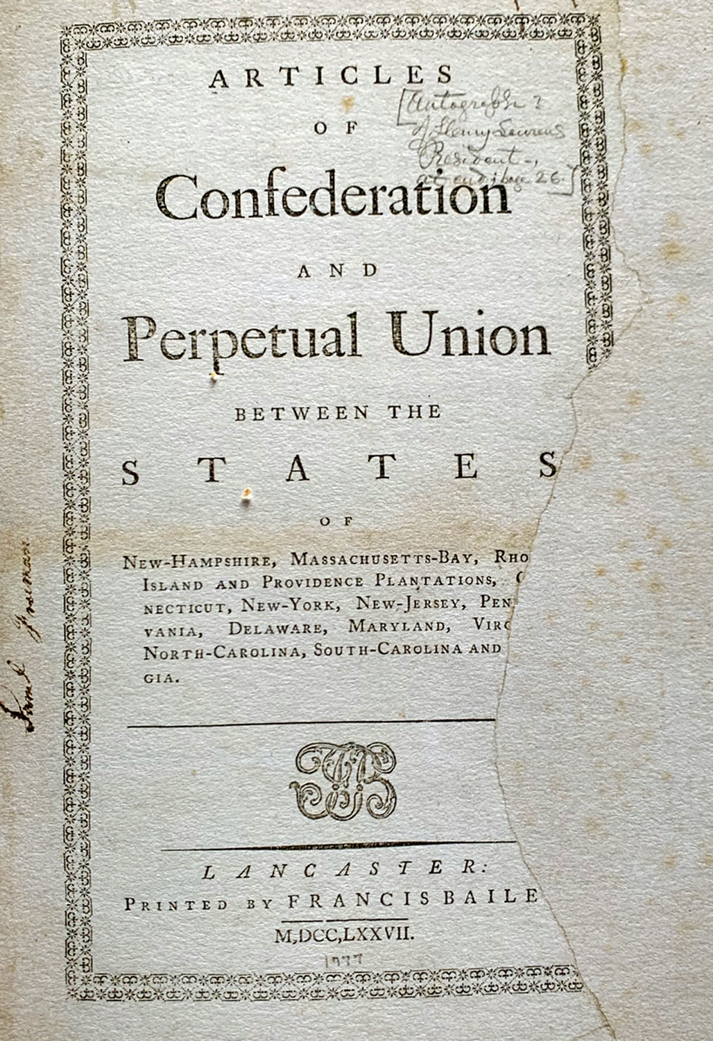 Articles Of Confederation Title Page 